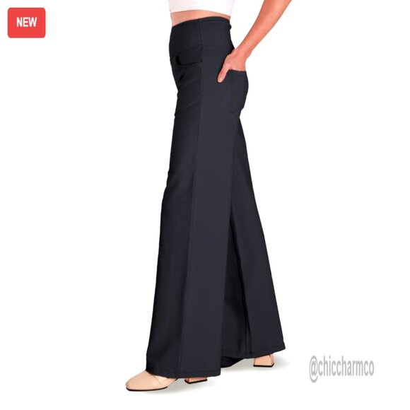 Wide Leg Yoga Pants High Waist Cotton Lounge Trousers with Pockets - Picture 2 of 6